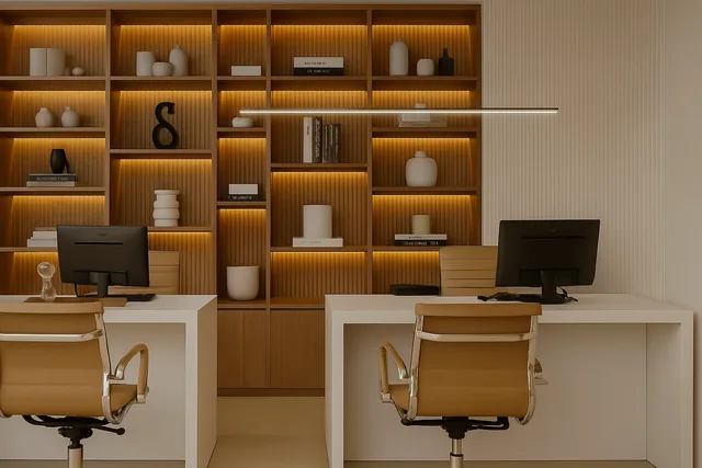 Custom corporate office with two side-by-side workstations and a slatted wood shelving unit with lighting and niches