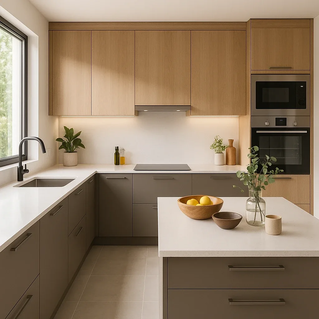 Custom kitchen with taupe cabinetry, light wood millwork and a central island with a white countertop