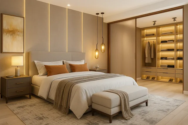 Custom bedroom with an upholstered headboard panel and an integrated closet with LED strip lighting