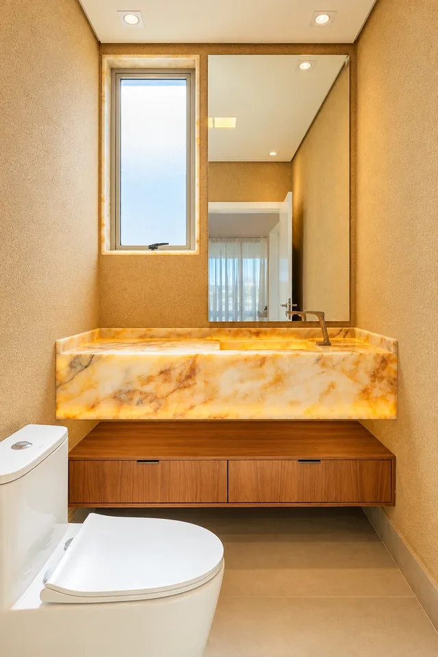 Custom bathroom vanity in stone with built-in lighting and a wood cabinet